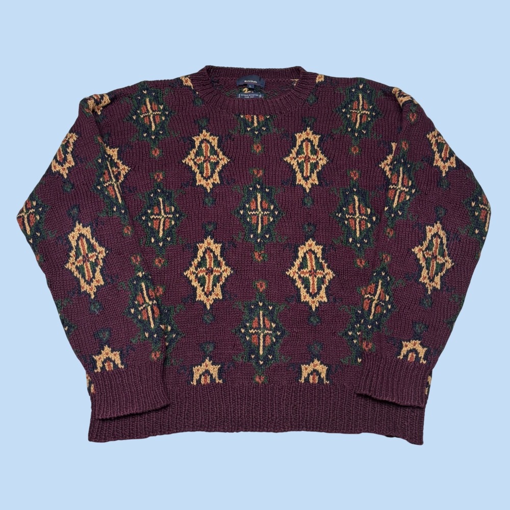 Mark Shale Mens Large Burgundy Geometric Hand Knit Ramie Cotton Sweater Crewneck